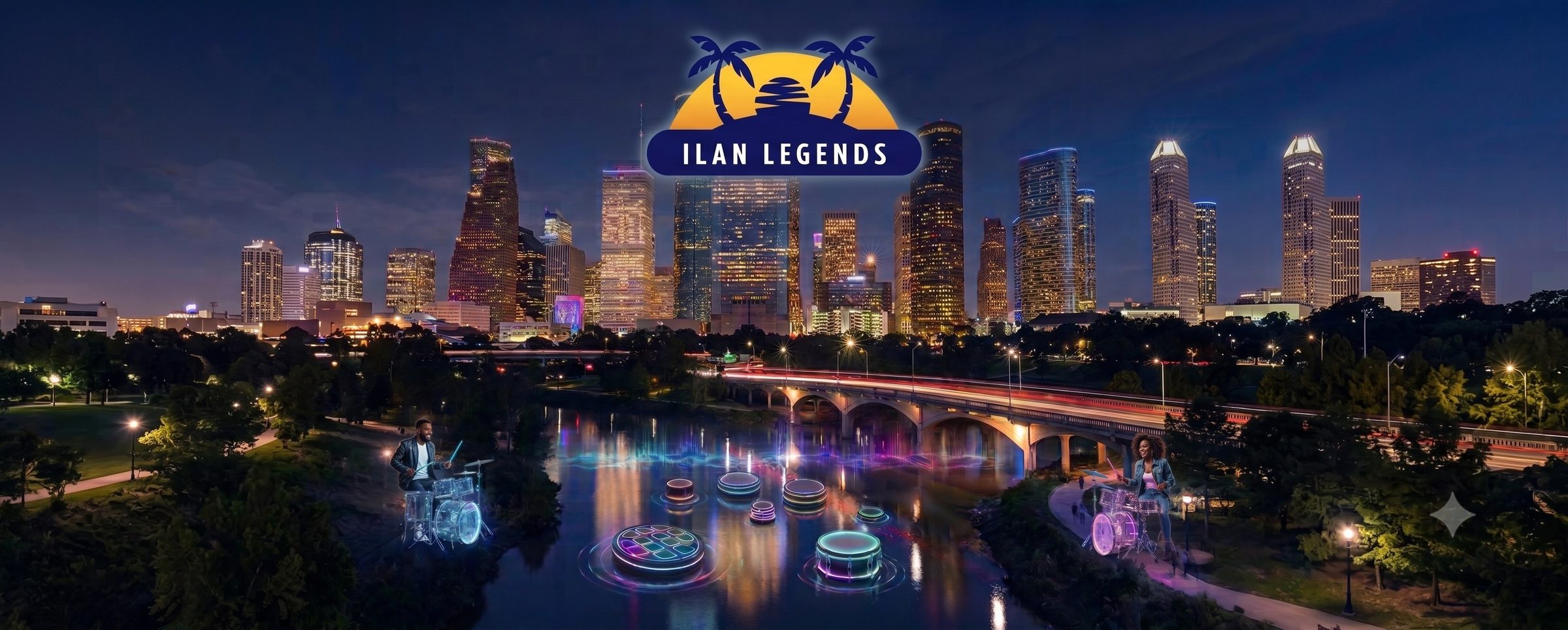 The iLan Legends banner: the Houston skyline at night over the bayou, with glowing drums floating on the water and two drummers playing on the banks